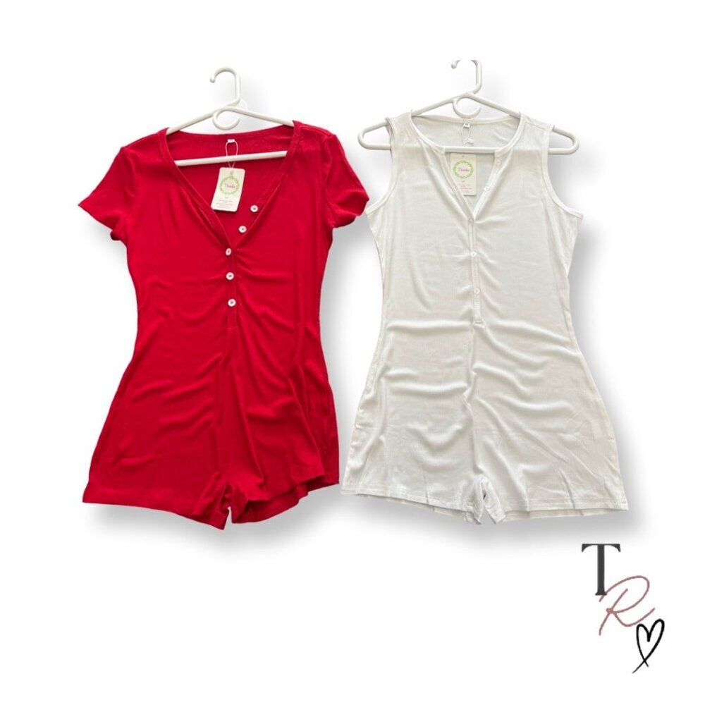 Bundle of 2 Ribbed Henley Lounge Pajamas PJ Casual Bodysuit Romper NWT Size M